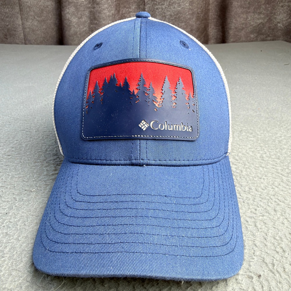 Columbia Flexfit Mesh Trucker Hat Blue White Tree Sunset Patch Cap